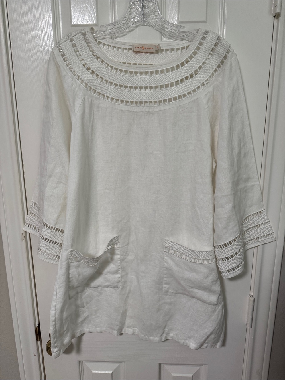 Tory Burch White Linen Crochet-Trim Swim Coverup